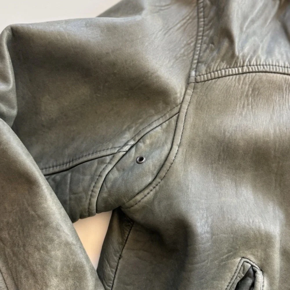 vintage 90s Y2K Wilsons olive green distressed bomber leather jacket * Flaws - Picture 12 of 16